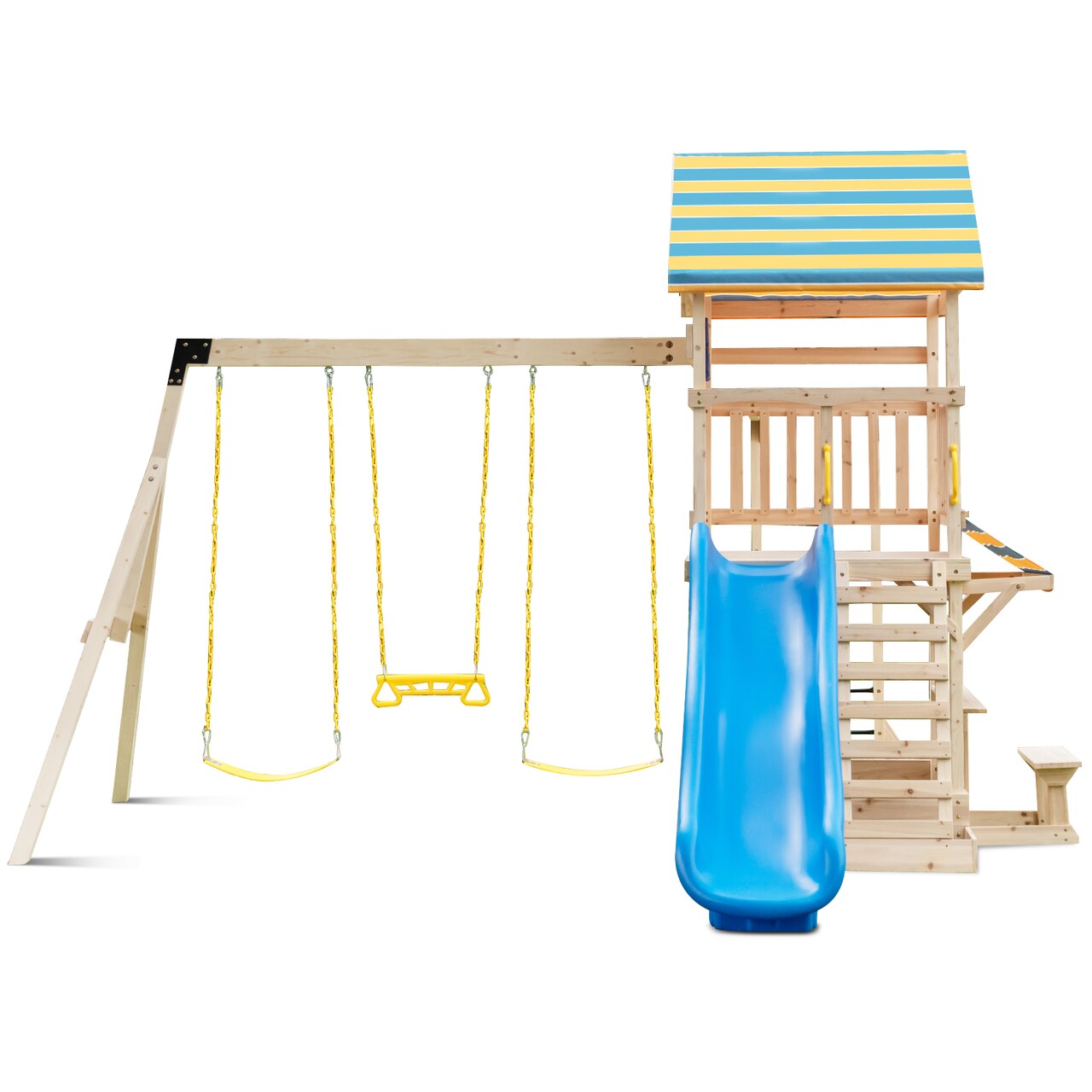 Multi-Color Wooden Outdoor Swing Set with Slide, Climbing Wall, Sandbox, Monkey Bars and Playhouse Activity Center